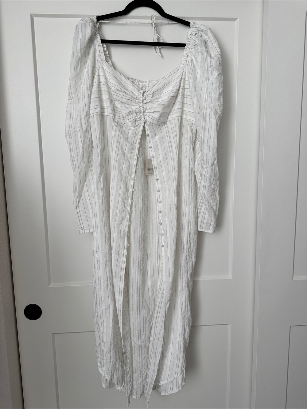 NWT Free People Luna White Pinstripe Button-Front Maxi Top with Puff Shoulders - Picture 4 of 14